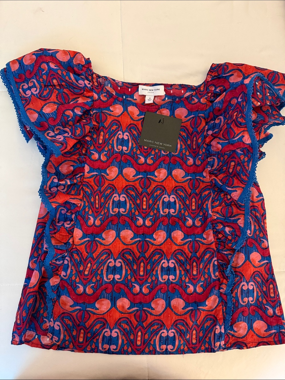 NEW Marc New York Andrew Marc Red and Royal Blue Ruffle Sleeve Top-Medium
